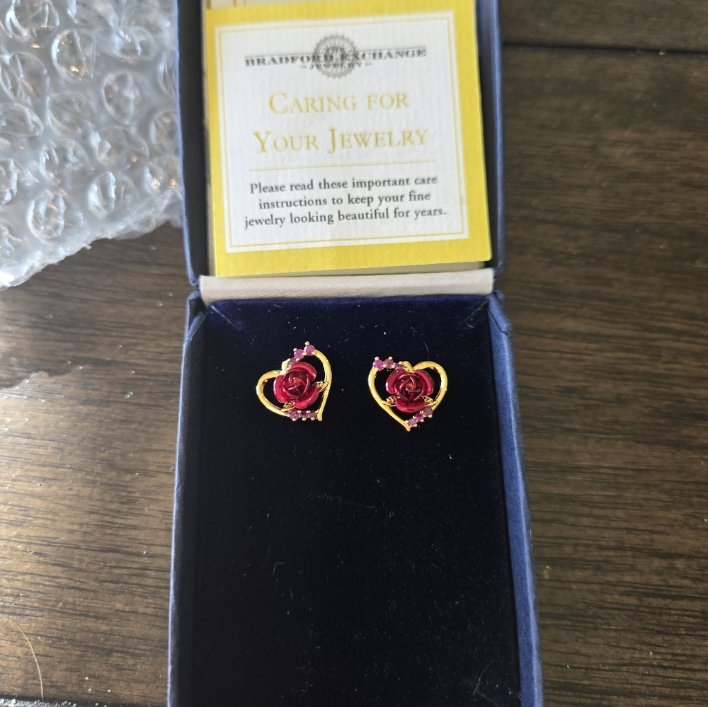 The Bradford Exchange "Forever Yours" Ruby Earrings With Sculpted Roses - Picture 6 of 7